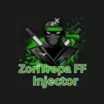 Logo of ZoriTropa FF Injector showing a masked ninja with green bandana and swords, with green splatter effects.